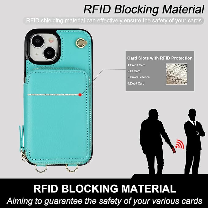 Bocasal Crossbody Wallet Case for iPhone 15, RFID Blocking Leather Purse Case with Card Holder, Protective Handbag Flip Cover with Zipper Wrist Strap Lanyard for Women 5G 6.1 Inch (Mint Green)