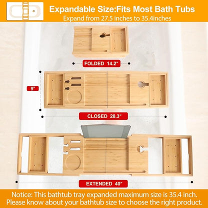 Banlilu Premium Natural Bamboo Expandable Bathtub Tray Caddy, Luxury Spa-Like Experience, Adjustable, Sturdy, Non-Slip, Foldable