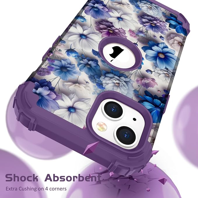 Hocase for iPhone 14 Case/iPhone 13 Case, Heavy Duty Shockproof Protection Soft Silicone Rubber+Hard Plastic Bumpers Hybrid Protective Case for iPhone 13/14 (6.1") - Blue Purple Flowers