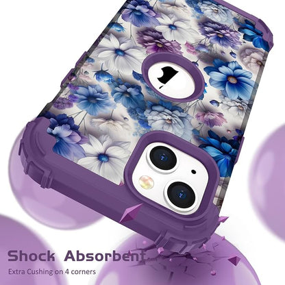 Hocase for iPhone 14 Case/iPhone 13 Case, Heavy Duty Shockproof Protection Soft Silicone Rubber+Hard Plastic Bumpers Hybrid Protective Case for iPhone 13/14 (6.1") - Blue Purple Flowers