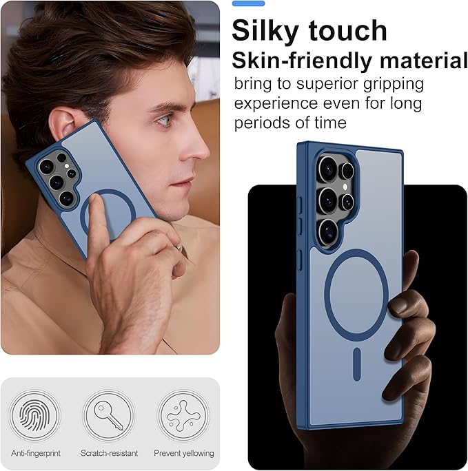 For Samsung Galaxy S24 Ultra Case [Compatible with Magsafe] Translucent Matte Magnetic Phone Case,Slim Thin Duty Shockproof Protection Cover with 2pc Screen Protector Case for S 24 Ultra-Dark blue