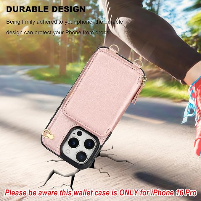 Bocasal Crossbody Wallet Case for iPhone 16 Pro, RFID Blocking Leather Purse Case with Card Holder, Protective Handbag Flip Cover with Zipper Wrist Strap Lanyard for Women 5G 6.3 Inch (Rose Gold)