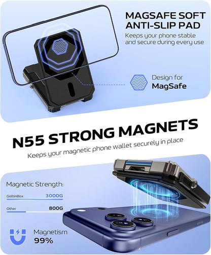 GolbinBox for MagSafe Wallet with Stand, Magnetic Phone Card Holder for Men, Holds 4 Cards with RFID Blocking, Slide-Open Metal Cover, Built-in Kickstand for iPhone 17/16/15/14/13/12 Series, Black