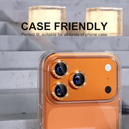 Choiche Compatible for iPhone 17 Pro/iPhone 17 Pro Max Camera Lens Protector Bling, 9H Tempered Glass Camera Cover Screen Protector Metal Ring Decoration Accessories (Glitter-Orange)