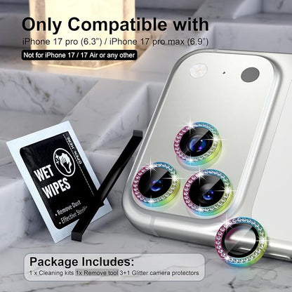 Choiche Compatible for iPhone 17 Pro/iPhone 17 Pro Max Camera Lens Protector Bling, 9H Tempered Glass Camera Cover Screen Protector Metal Ring Decoration Accessories (Diamond-Colorful)