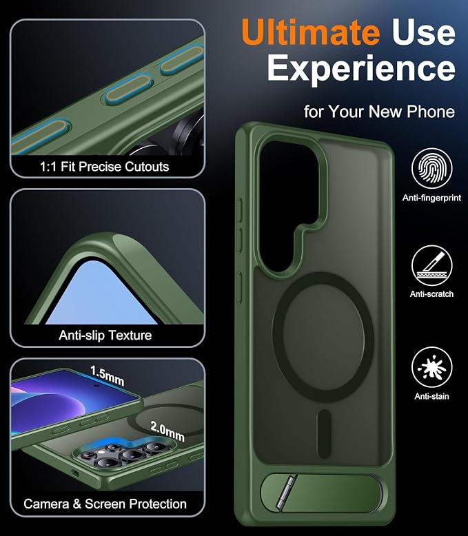 Magnetic for Samsung Galaxy S25 Ultra Case, [Innovate Stand][Military Grade Drop Protection][Non Slip][Translucent Matte] Shockproof Phone Case for Galaxy S25 Ultra 6.9" 2025 -DarkGreen