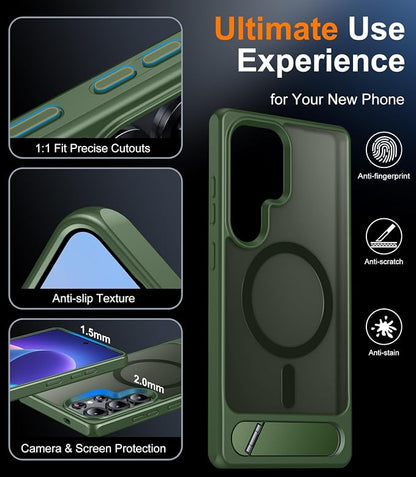 Magnetic for Samsung Galaxy S25 Ultra Case, [Innovate Stand][Military Grade Drop Protection][Non Slip][Translucent Matte] Shockproof Phone Case for Galaxy S25 Ultra 6.9" 2025 -DarkGreen