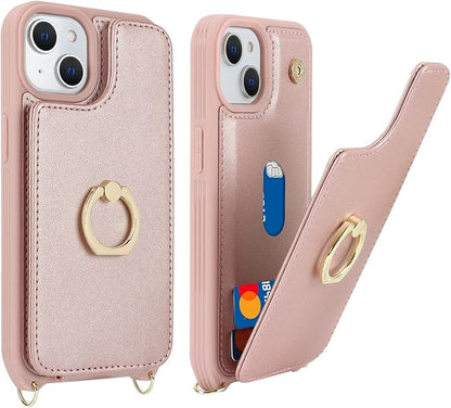 Lipvina for iPhone 14 Case with Card Holder and Strap for Women,Crossbody Lanyard,RFID Blocking,Ring Stand,Snap Clasp,Phone Wallet Cases 6.1 inch(Rose Gold)