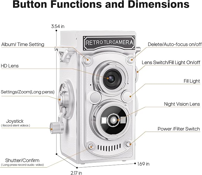 Mini Retro TLR Digital Camera, Portable 24MP 1080P FHD Vintage Point and Shoot Pocket Travel Camera with Twin Lens, Autofocus, 16X Digital Zoom, 16GB Card, for Beginners, Teens & Adults - White