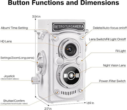 Mini Retro TLR Digital Camera, Portable 24MP 1080P FHD Vintage Point and Shoot Pocket Travel Camera with Twin Lens, Autofocus, 16X Digital Zoom, 16GB Card, for Beginners, Teens & Adults - White