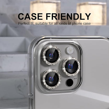 Choiche Compatible for iPhone 16 Pro/iPhone 16 Pro Max Camera Lens Protector Bling, 9H Tempered Glass Camera Cover Screen Protector Metal Ring Decoration Accessories(Glitter-Titanium Natural)