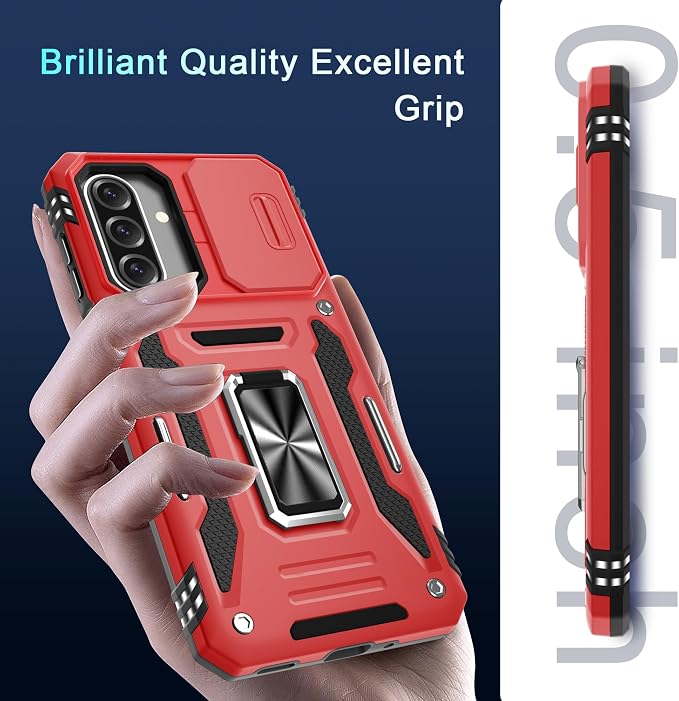 DEERLAMN Case for Samsung Galaxy A17 5G with Slide Camera Cover+Screen Protector (1 Pack), Rotated Ring Kickstand Military Grade Shockproof Protective Cover-Red