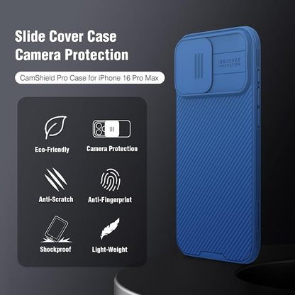 Nillkin for iPhone 16 Pro Max Case with Slide Camera Cover, [Full Camera Protection][Anti-Scratch] Military-Grade Protection, Anti-Fingerprint, Slim Phone Case for iPhone 16 Pro Max 6.9'' Blue