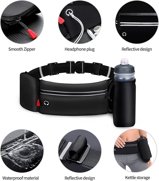 Hydration Running Belt for Women Men Running Fanny Pack with Foldable Water Bottle Holder (Bottles NOT Included) for Walking No Bounce Adjustable Waist Pouch for Runners Jogging