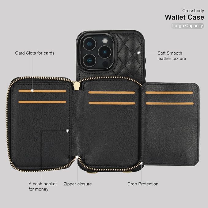 Bocasal Crossbody Wallet Case for iPhone 16 Pro Max, RFID Blocking PU Leather Zipper Handbag Purse Flip Cover, Kickstand Folio Case with Card Slots Holder Wrist Strap Lanyard 5G 6.9 Inch (Black)