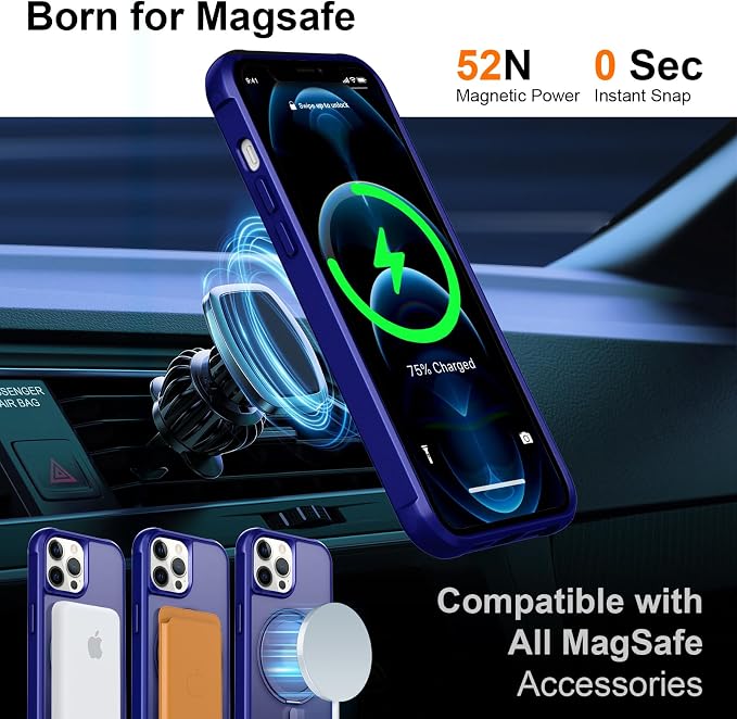 360° Magnetic Swivel Ring for iPhone 12 pro case, Built-in Metal Stand and Ring Holder, Magsafe Compatible, Military Grade Protection, Shock Resistant - Blue