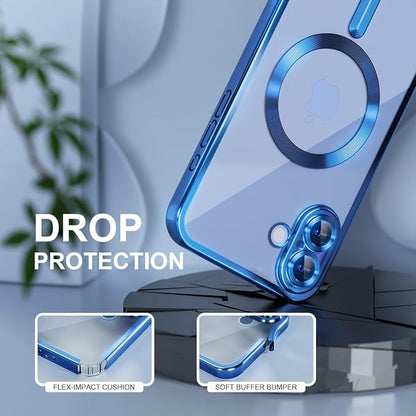 Misea Magnetic for iPhone 16 Plus Case Compatible with MagSafe [Never Yellowing] [Military Grade Drop Protection] Full Camera Lens Protector Plating Soft Clear Phone Case for Women 6.7", Deep Blue
