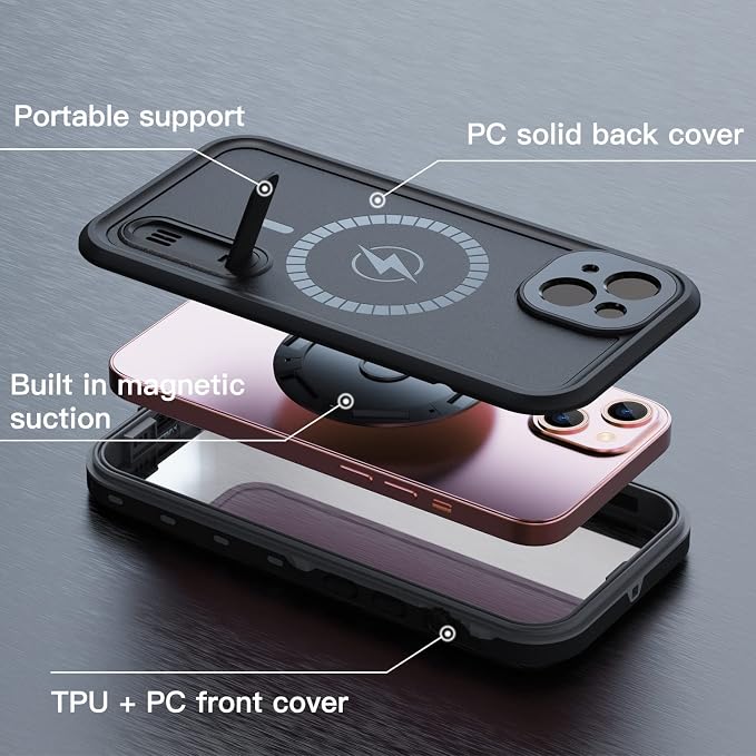 Omio for iPhone 13 Waterproof Case Compatible with MagSafe, Magnetic Full Body IP68 Shell with Built-in Screen Protector Military Grade Shockproof Cover with Stand for Men Women Black