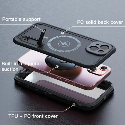 Omio for iPhone 13 Waterproof Case Compatible with MagSafe, Magnetic Full Body IP68 Shell with Built-in Screen Protector Military Grade Shockproof Cover with Stand for Men Women Black