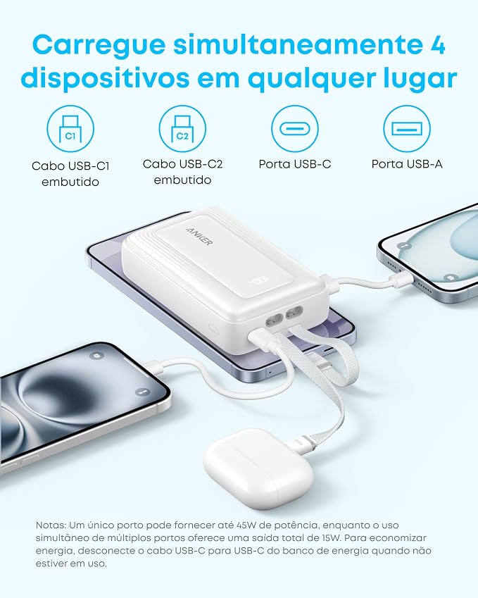 Anker Power Bank, 20,000mAh 30W Max Fast Portable Charger with Built-in USB-C and MFi Certified Lightning Cables, USB-C&A, Battery Pack for iPhone 17/16/15/14 Series, MacBook, Galaxy