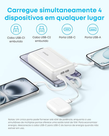 Anker Power Bank, 20,000mAh 30W Max Fast Portable Charger with Built-in USB-C and MFi Certified Lightning Cables, USB-C&A, Battery Pack for iPhone 17/16/15/14 Series, MacBook, Galaxy