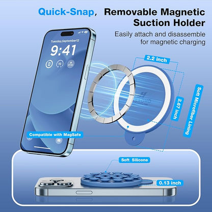 Magnetic Suction Cup Phone Mount, Compatible with MagSafe, Silicone Octo Cup Buddy Sticky Grip Holder for iPhone and Android, Removable Hands-Free Selfie/Video for TikTok, Azure Blue