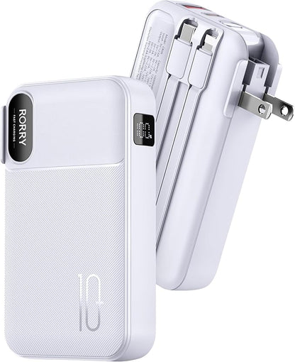 RORRY Portable Charger w/Wall Plug 10000mAh Power Bank 22.5W Battery Pack | Built in Cables, Fast Charging, for iPhone, iPad, Samsung Galaxy, Pixel, LG, Travel Essential, Digital Display, Pocket Size