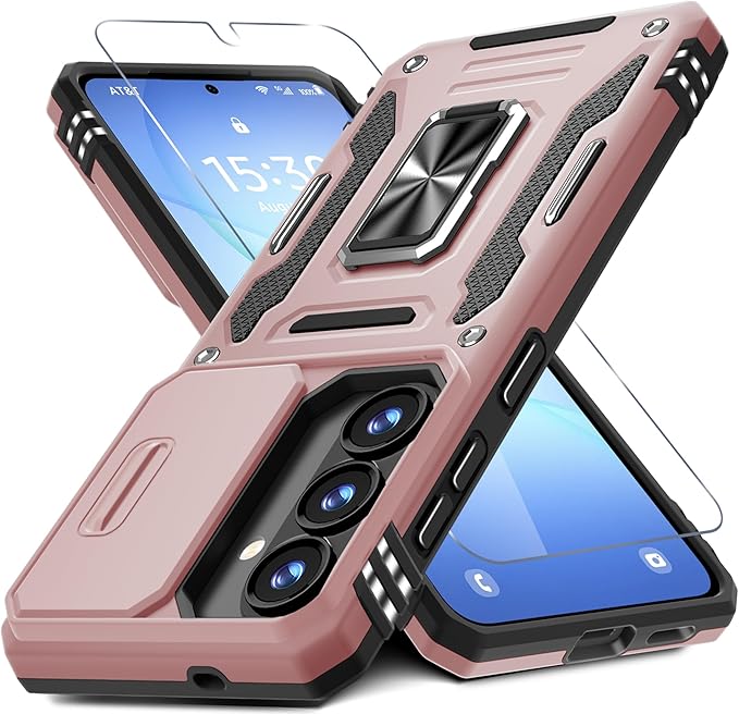 DEERLAMN Case for Samsung Galaxy S26+ Plus 6.7-Inch with Slide Camera Cover+Screen Protector(1 Pack), Rotated Ring Kickstand Military Grade Shockproof Protective Cover-Rose Gold