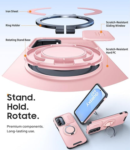 JAME for Samsung Galaxy A57 5G Case, Ring Holder Stand Kickstand, Slide Camera Cover, 2 Screen Protectors, Dual-Layer Shockproof Protective, Magnetic Accessory Friendly Galaxy A57 Phone Case, Pink