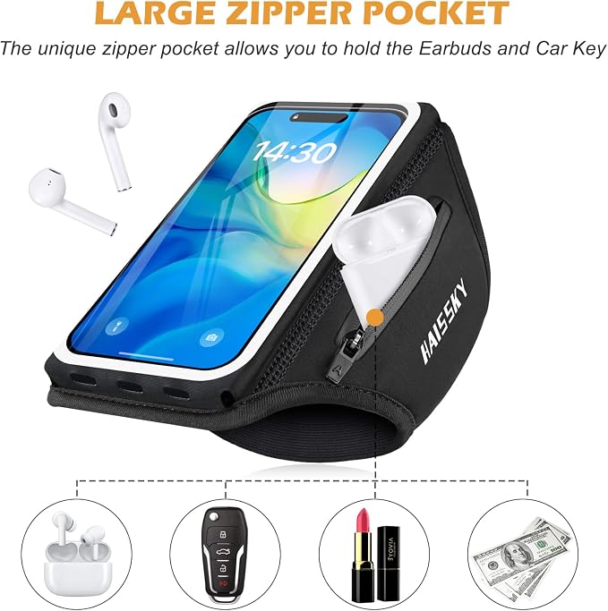 Running Armband with Earphone Bag Cell Phone Armband for iPhone 17 16 15 Pro 14 Plus 13 11 XR, Galaxy S24/S10 Water Resistant Sports Phone Holder Case & Zipper Slot Car Key Holder for 6.9 inch Phone