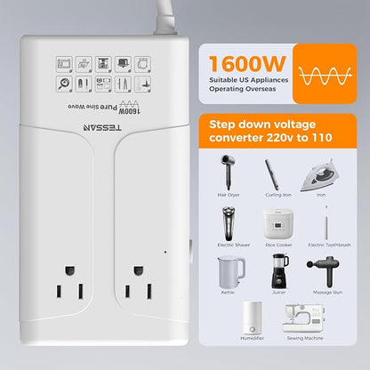 TESSAN 1600W 220V to 110V Voltage Converter US to Europe