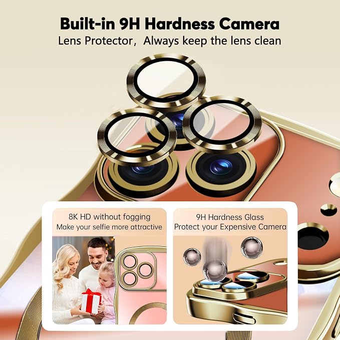 Misscase Designed for iPhone 17 Pro Case 6.3",with Privacy Screen Protector*1,Cute Wave Frame Case with Camera Lens Protector,Compatible with MagSafe Plating Bling for Women Gold