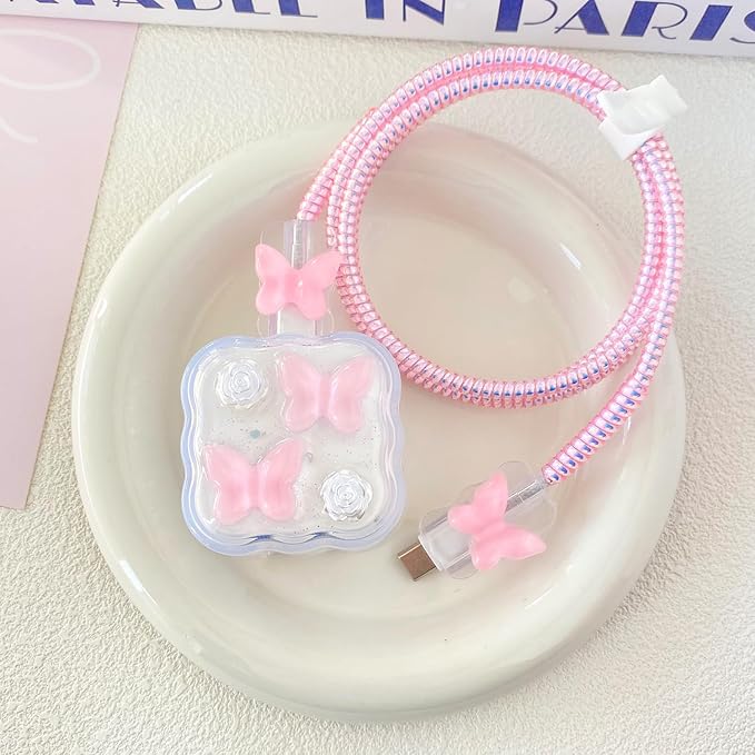 Charger Cover Set, Compatible with Apple 40W Dynamic Power Adapter (with 60W Max), DIY 3D White Floral Wave Transparent Soft Charger Case + Spiral Data Cable Protector, Pink Butterfly (5in1)