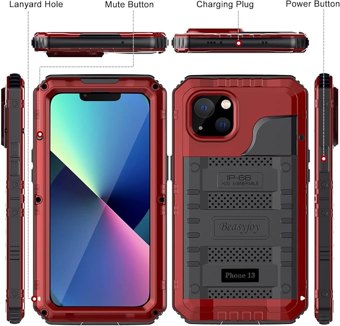Beasyjoy for iPhone 13 Case Waterproof, Metal Phone Case with Built-in Screen Protector, Heavy Duty Full Body Protective Military Grade Shockproof Rugged Defender Cover 6.1 Inch, Red