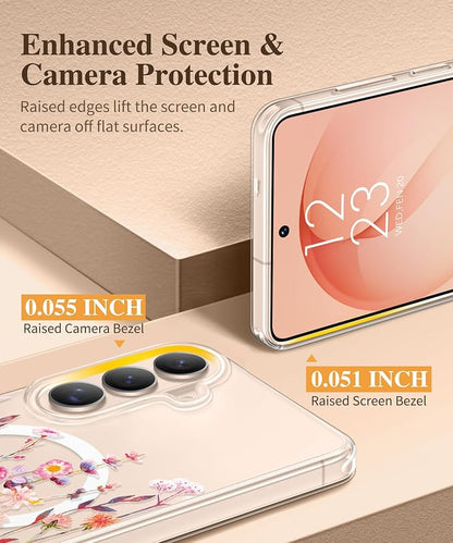 GVIEWIN for Samsung Galaxy S26 Plus Case Compatible with MagSafe, Clear Floral Shockproof Protective Women Phone Case, Non-Yellowing, Screen&Camera Lens Protector for S26 Plus 6.7",Floratopia/Orange