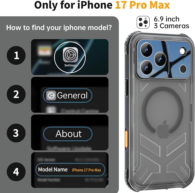 for iPhone 17 Pro Max Waterproof Case, Fit for Magsafe, IP68 Full Body Shockproof Dustproof, Built-in Camera Control and Screen Protector, 16FT Heavy Duty Military, 6.9" Black