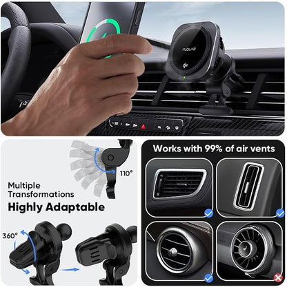 FLOLAB Qi2 15W Wireless Car Charger for iPhone 16/15/14/13/12 Qi2 Car Charger, Magnetic Vent Mount/Dashboard Mount Car Phone Holder, Fast Charging with Cooling