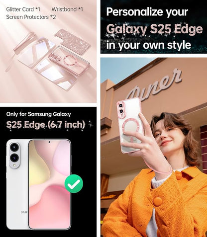 Meifigno Designed for Samsung Galaxy S25 Edge Case, [Compatible with MagSafe] [2X Screen Protectors] [Glitter Card & Wrist Strap] Surround Raised Lens Protection Slim Case for S25 Edge 6.7", Rose Gold