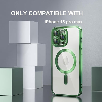 Misea Magnetic for iPhone 15 Pro Max Case with MagSafe [Never Yellowing] [Military Grade Drop Protection] Full Camera Lens Protector Plating Soft Clear Phone Case for Women Girls, Green