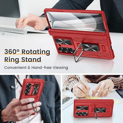 VEGO for Galaxy Z Fold 6 Case with Screen Protector &Hinge Protection-Red | Built-in Slide Camear Cover & 360° Ring Stand Case Heavy Duty Drop Protection Cover for Samsung Galaxy Z Fold 6 5G 2024