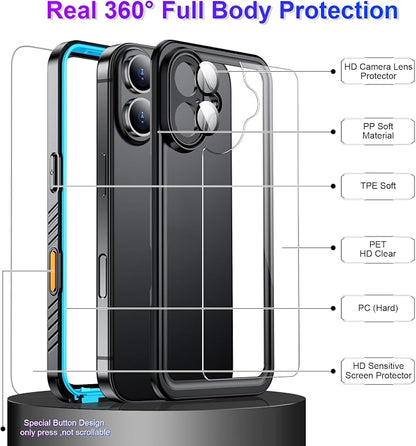 Temdan Compatible with iPhone 16 Case Waterproof, Built-in Screen & Camera Protector IP68 Underwater Full Body 16FT Military Dropproof Shockproof Phone Case 6.1"-Blue/Clear