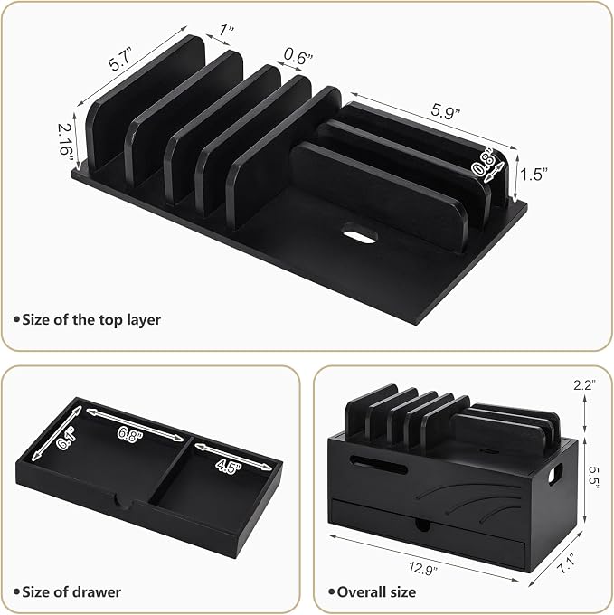 Homde Bamboo Charging Station Organizer: Charger Rack for Multiple Devices | Cable Cord Management Box with 6 Compartments and Drawer - Electronic Docking Stand for Chargers Phones Tablets (Black)