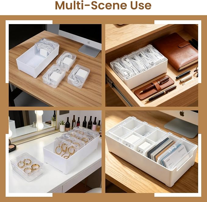 5 Individual Cable Organizer Boxes With Base, Cord Storage Organizer With Labels And Cable Straps For Charging Cables, Adapters, Earphones (5 pcs Individual Cable, 1 Pack)
