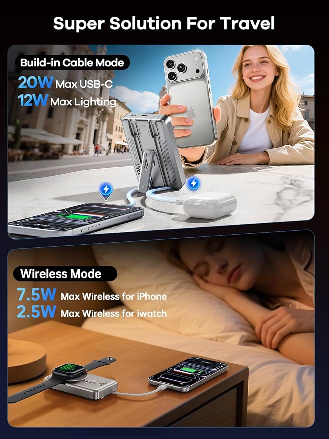 Magsafe Charger 10000mAh PD 20W Power Bank for iPhone & Apple Watch | Magnetic power bank, built-in 2 charging cables, PD 20W fast charge, compatible with iPhone 12-17 & Apple Watch Series