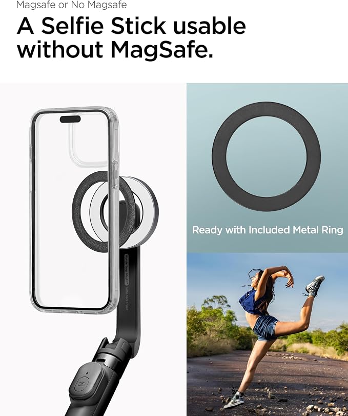 Spigen Selfie Stick Tripod Stand with Bluetooth Remote Control Shutter 24" Extendable Compatible with MagSafe iPhone 17/16/15/14/13/12 Pixelsnap Pixel 10 Series & More - Black (S571W)