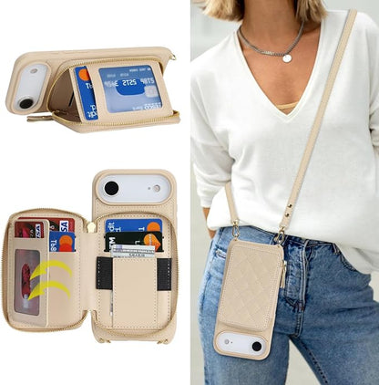 Crossbody Wallet Case for iPhone Air, PU Leather Zipper Handbag Purse Flip Cover, Kickstand Folio Case with Card Slots Holder Wrist Strap Lanyard 5G 6.5 Inch-White