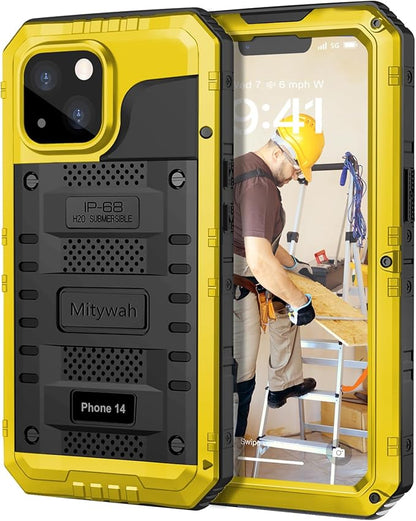 Mitywah Waterproof Case for iPhone 14, Heavy Duty Shockproof Case with Built-in Screen Protector, Full Body Underwater Protective Metal Case 6.1 inch, Yellow