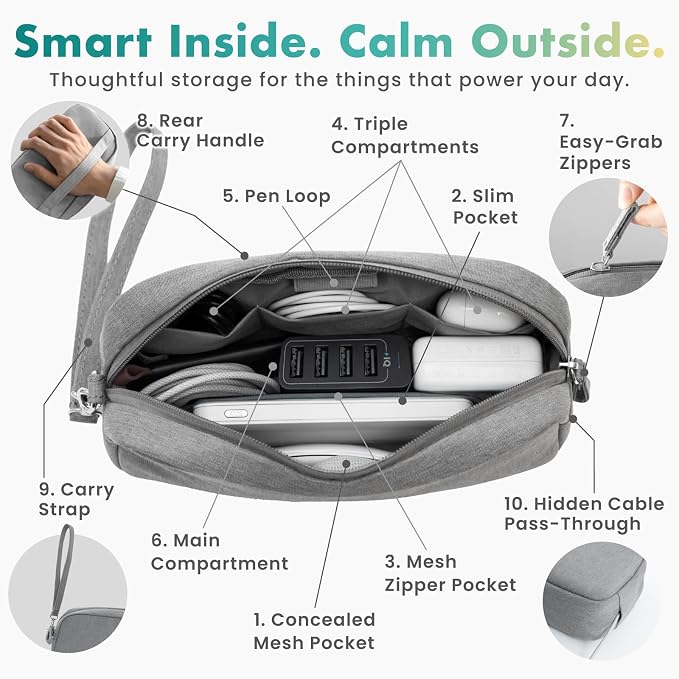 BELLEMOND Tech Organizer Pouch for Travel | Electronics Organizer Case for Cables, Chargers & Accessories | Hidden AirTag Pocket, Cable Pass-Through & Waterproof Base | Charcoal Gray