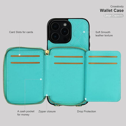 Bocasal Crossbody Wallet Case for iPhone 16 Pro Max, RFID Blocking PU Leather Zipper Handbag Purse Flip Cover, Kickstand Folio Case with Card Slots Holder Wrist Strap Lanyard 5G 6.9 Inch (Mint Green)