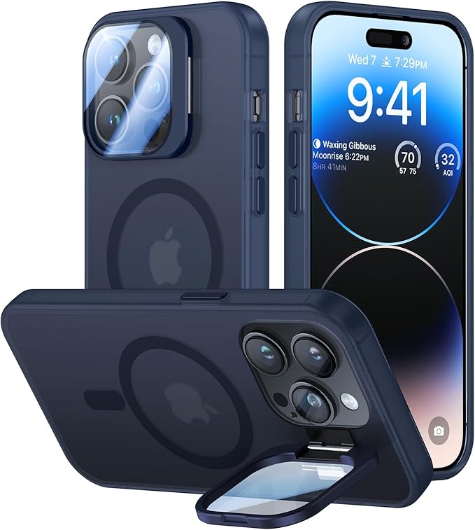 for iPhone 13 Pro Max Case with Camera Cover Stand [Built-in 9H Camera Lens Protector][Fit for Magsafe] Military Grade Shockproof Translucent Matte Magnetic Phone Case 6.7",Blue
